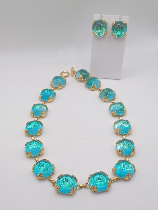 Vintage Jewelry - 1950s Teal/Green Czech Glass Necklace and Earring Set